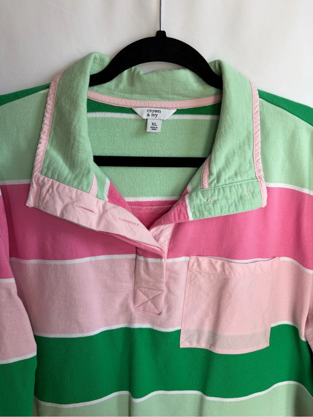 crown and ivy Pink Green Striped Rugy Polo Shirt Women Size XL - Picture 2 of 6